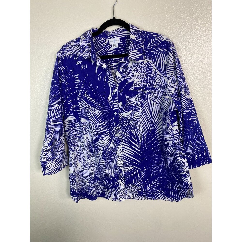 Jaclyn Smith Blue White Linen‎ Blend Womens Tropical Button Up Top size XXL Boho